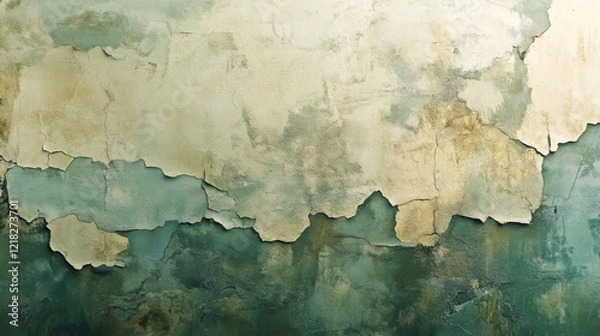 Fototapeta Aged wall texture with peeling paint in green and beige tones