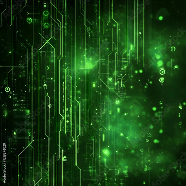 Fototapeta Futuristic Green Digital Interface with Complex Geometric Lines and Icons