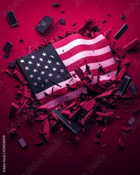 Fototapeta A fragmented American flag surrounded by shattered pieces, symbolizing political turmoil, division, or societal challenges