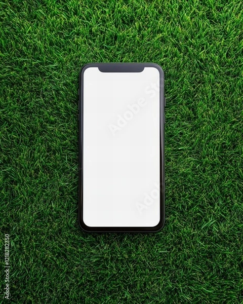 Fototapeta Modern smartphone with a blank white screen lying on vibrant green grass. Ideal for app mockups, digital marketing, and technology concepts