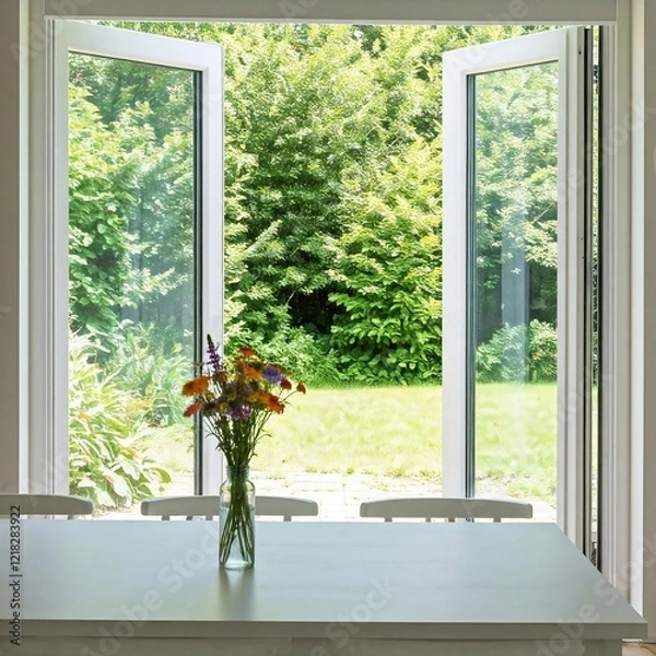 Fototapeta a neat minimalist room with glass doors and a small vase of flowers on the table and chairs around the table, a clean, white and minimalist room