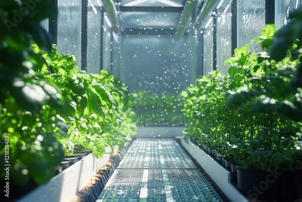 Fototapeta Smart technology for controlling and optimizing greenhouse light and temperature.