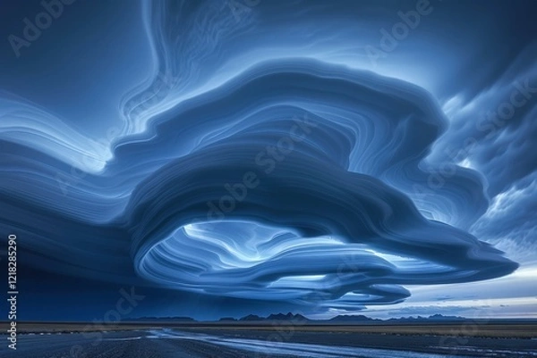 Fototapeta Dramatic swirling clouds over a serene landscape at dusk, creating a mesmerizing atmospheric effect