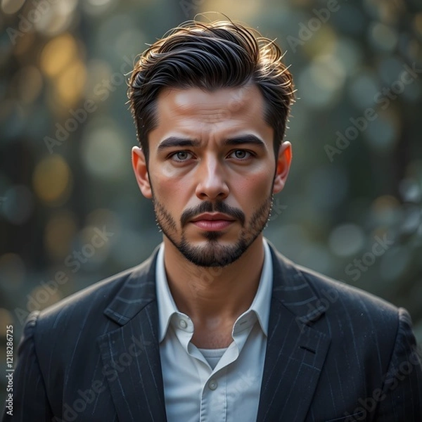 Obraz Close-up portrait of a handsome, smiling man with a beard, outdoors