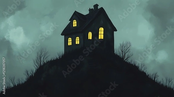Obraz A Lonely House with Glowing Windows on a Hilltop