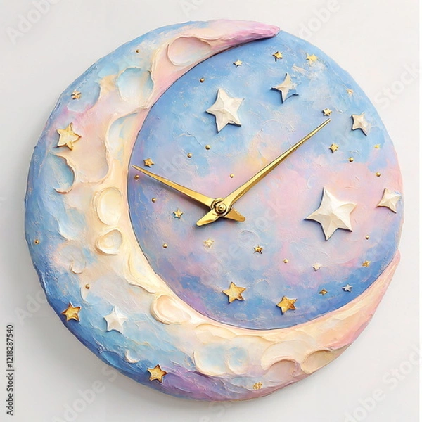 Fototapeta Moon clock design featuring a crescent shape with stars against a blue background, ideal for home decor or nursery walls and artistic accents.