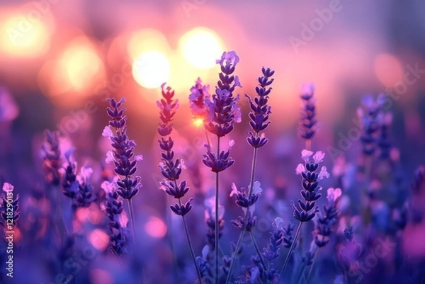 Fototapeta Soft-focus flowers in a field of lavender at dusk, with the gentle, fading light casting a serene, peaceful glow over the scene