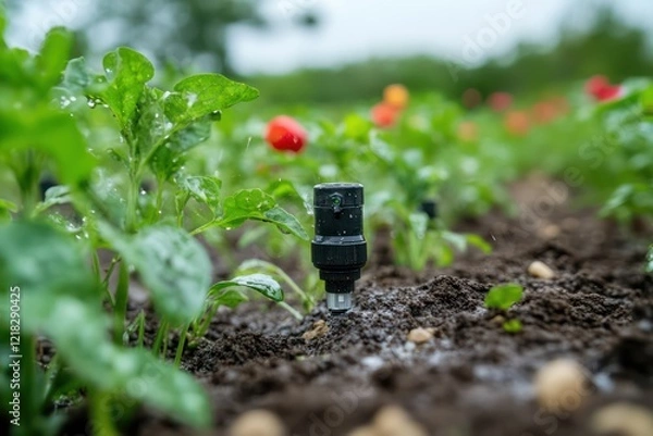 Fototapeta Soil moisture sensors connected to an irrigation system adjusting water levels automatically.