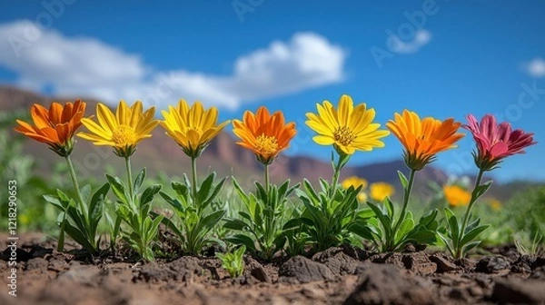 Fototapeta A row of vibrant daisy flowers in a field under the clear blue sky