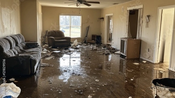 Fototapeta Aftermath of a devastating flood: A living room submerged in muddy water, furniture damaged and scattered. The scene speaks of loss and the urgent need for restoration.