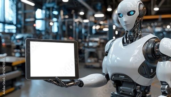 Fototapeta Precision meets elegance as a sleek humanoid robot holds a blank rectangular tablet mockup in a high-tech, clean environment.