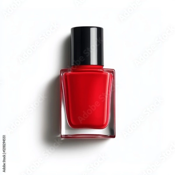Fototapeta Glossy red nail polish in a clear glass bottle with a black cap on a white background.