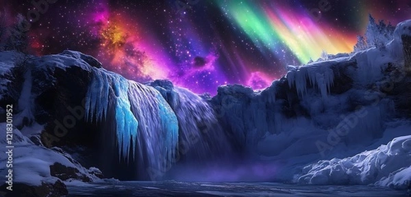 Fototapeta A dynamic display of multicolored northern lights with rich hues illuminating a frozen waterfall