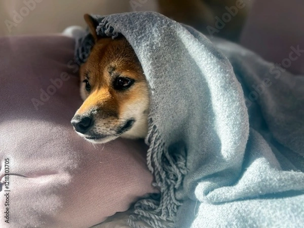 Fototapeta Pensive Shiba Inu with a sorrowful expression, head nestled under a blanket. The mood is reflective and contemplative. High quality close-up photo. copy space available.