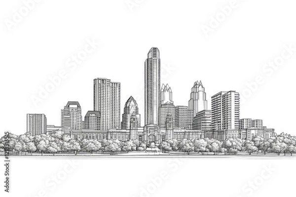 Fototapeta Austin Texas Skyline Sketch Black White Cityscape Architecture Drawing