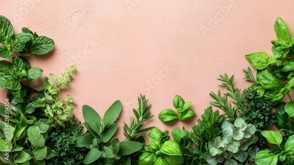 Obraz Assortment of Fresh Culinary Herbs on Pink Background
