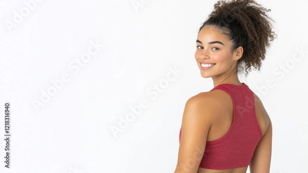 Fototapeta Canadian happy woman wearing red apparel smiling isolated on white background