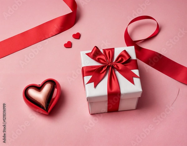 Fototapeta Valentine's Day flat lay composition with gift boxes wrapped in heart-patterned paper and red ribbons, surrounded by red flowers and heart-shaped decorations on pink background. Love, romance concept