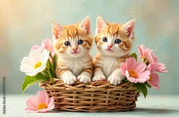 Obraz Two funny ginger striped kittens sit in a brown basket with spring flowers on a light pastel background .