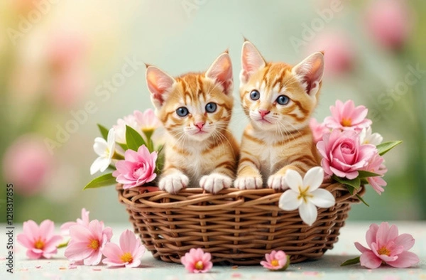 Fototapeta Two funny ginger striped kittens sit in a brown basket with spring flowers on a light pastel background .