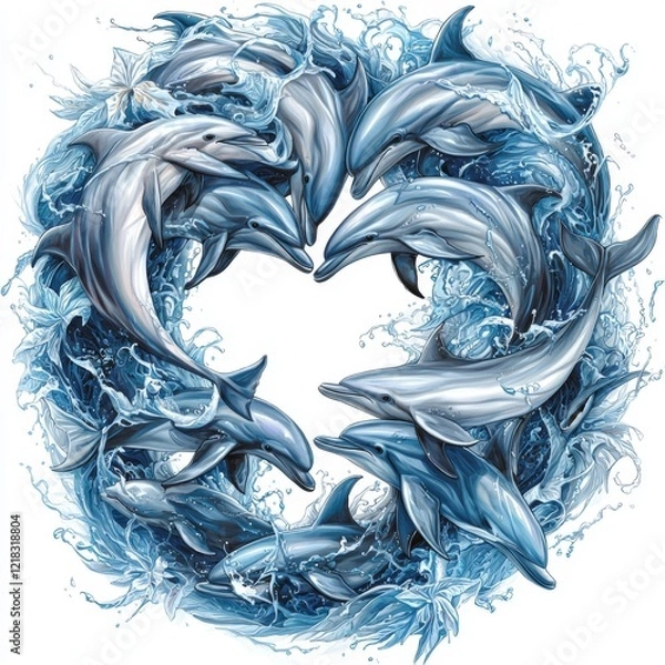Fototapeta Dynamic Circular Movement of Dolphins Surrounded by Ocean Waves in a Colorful Artistic Illustration