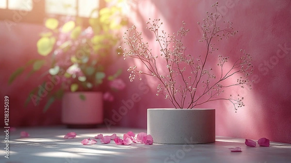 Fototapeta A professional product photography setup in a clean studio environment. Features a minimal and elegant aesthetic with soft pastel tones of pink and cream. The background is smooth and evenly lit with 