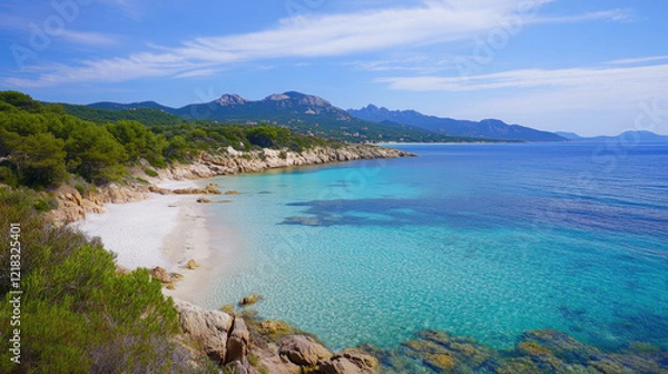 Fototapeta serene beach with clear turquoise water, rocky shoreline, and lush greenery. mountains in background add to picturesque landscape, creating tranquil atmosphere