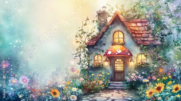 Obraz A miniature mushroom house with tiny plants for decorator, Fairytale mushroom house in a mysterious forest land, Peaceful Nature Aesthetic mushroom house.
