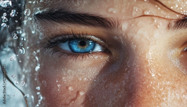 Fototapeta close up shot of girl face with water droplets highlighting her striking blue eyes, creating captivating and emotional expression