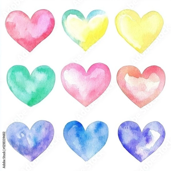 Fototapeta Colorful Watercolor Hearts in Various Shades and Patterns for Creative and Artistic Use
