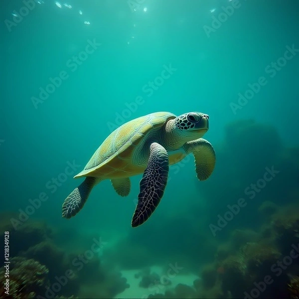 Fototapeta An image of a sea turtle swimming underwater, with a coral reef visible in the background.