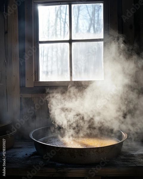 Fototapeta Steaming syrup pan by frosted window in rustic cabin