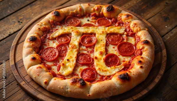 Fototapeta Pizza with pepperoni and pi symbol on wooden board