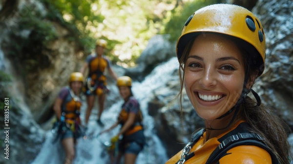 Fototapeta woman is smiling during canyoning tour with friends in beautiful natural setting. group is enjoying adventure, surrounded by lush greenery and waterfall