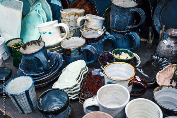 Obraz フリーマーケットの露店に並ぶ商品達、陶器の食器類