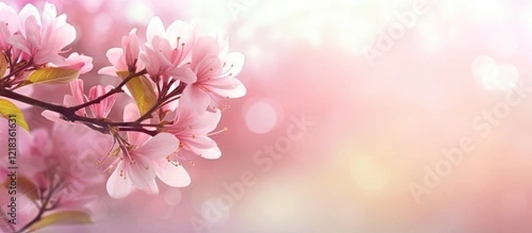 Obraz Blooming pink flowers on soft blurred pastel background with ample copy space for text positioned on the right side of the image
