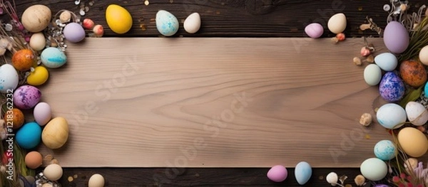 Fototapeta Festive top down view of a wooden table featuring vibrant Easter eggs in shades of blue, yellow, pink, and purple, creating ample copy space.