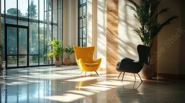 Fototapeta Two stylish armchairs in a sunlit lobby. Ideal for showcasing interior design, relaxation, and modern spaces.