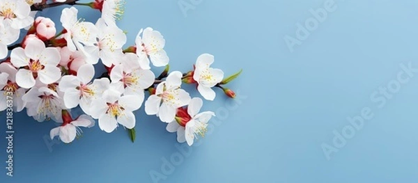Fototapeta Delicate white cherry blossom branches with pink centers positioned on a soft blue background creating a serene and peaceful atmosphere.