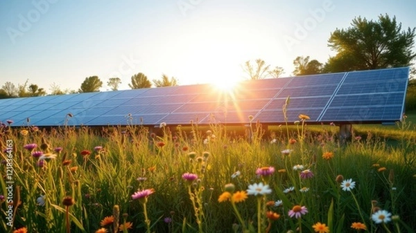 Obraz Bright Sunrise Over a Field of Wildflowers with Solar Panels in the Foreground, Showcasing Renewable Energy and Nature’s Beauty in Harmony