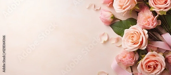 Fototapeta Delicate arrangement of blush pink roses on a soft pastel background with scattered petals and a ribbon, creating a romantic floral composition.