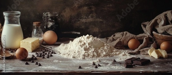Fototapeta Baking ingredients on rustic wooden table with flour milk eggs butter and chocolate chips in organized arrangement ideal for culinary creativity