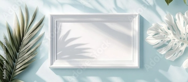 Fototapeta Empty white wooden frame positioned centrally against a soft blue background with gentle shadows and tropical leaf patterns for wall art mockups.
