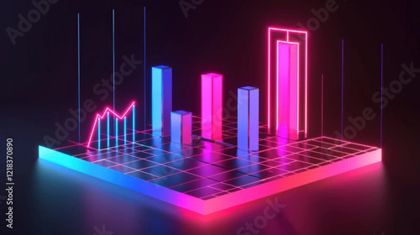Obraz vibrant 3D graph with neon colors showcasing data trends and statistics. bars and lines represent growth and analysis in modern digital style