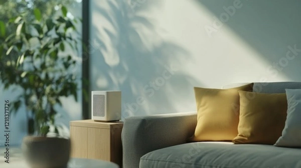 Fototapeta A smart air purifier in a living room, displaying air quality levels on a small screen