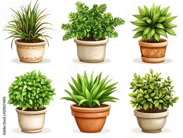 Fototapeta Vector set of potted plants on white background.