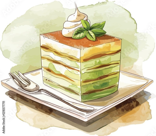 Fototapeta watercolor, piece of cake with mint mint cake with mint vector, generative ai	