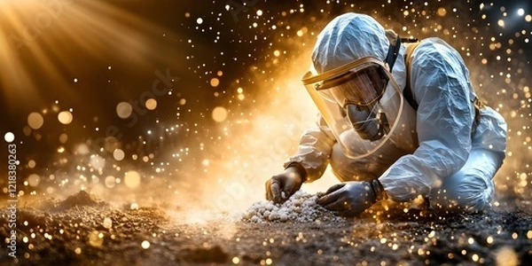 Fototapeta A person in a protective hazmat suit is kneeling and examining soil or material, surrounded by a dramatic, sparkly background. Concept Hazmat Suit Examination, Soil Analysis, Dramatic Background