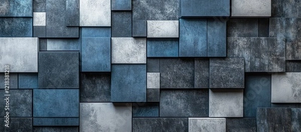 Fototapeta Abstract gray and blue geometric 3D shapes forming a minimalist mosaic wall texture arranged horizontally for product showcases in studio environments