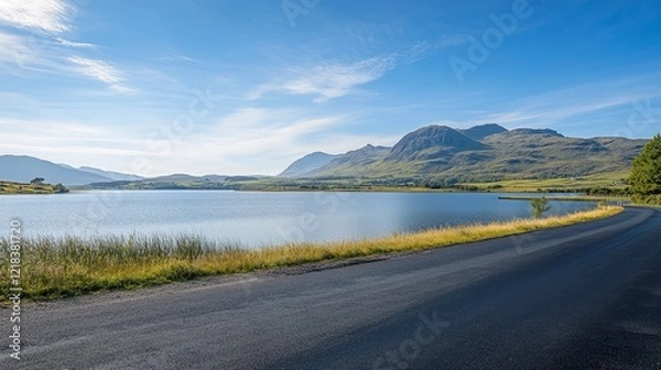 Fototapeta A beautiful road by the lake with mountains in the distance on a sunny day. The scenery is stunning, with the blue lake and green mountains contrasting against the black road.